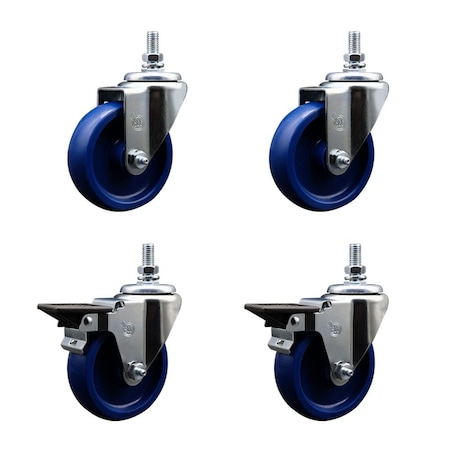 Service Caster 4 Inch Solid Polyurethane 10 MM Threaded Stem Caster Set 2 Brakes SCC SCC-TS20S414-SPUS-M1015-2-PLB-2